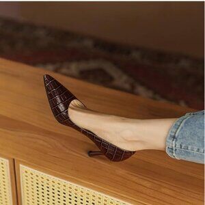 FOWT Brown Solid Croc-Embossed Pointed Toe Pump Slip on High Heel Walking Shoes